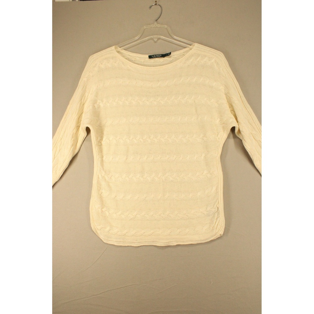 Lauren Ralph Lauren Sweater Womens L Ivory Cotton Cable Knit Boat Neck Preppy